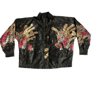 Vintage Black‎ Gold Reversible Floral Bomber Jacket Womens Large